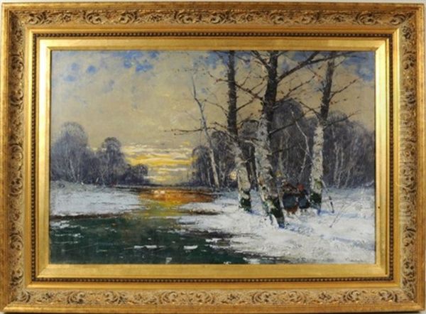 Winter Sunset Oil Painting by Jan (Czeslaw) Wasilewski