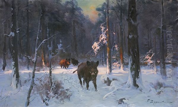 Boars In Winter Forest Oil Painting by Jan (Czeslaw) Wasilewski