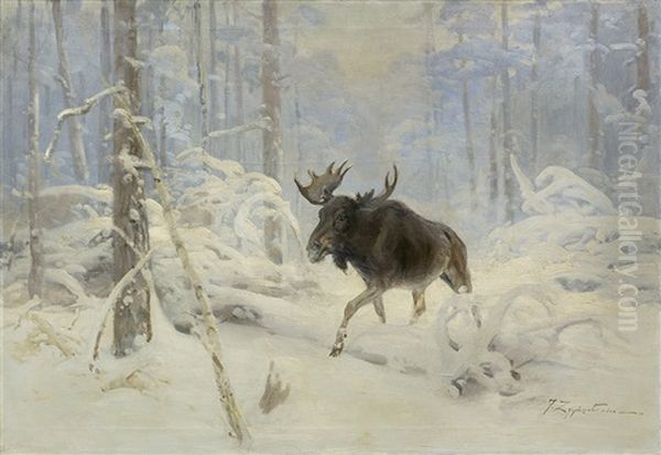 Elk In Winter Forest Oil Painting by Jan (Czeslaw) Wasilewski