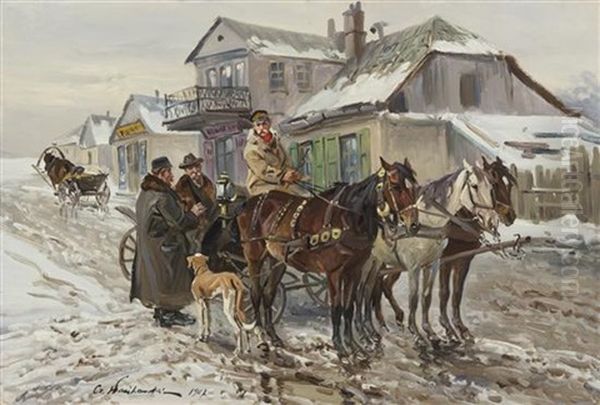 Village Meeting Oil Painting by Jan (Czeslaw) Wasilewski