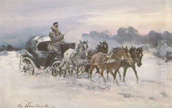 Winterliche Kutschenfahrt Oil Painting by Jan (Czeslaw) Wasilewski