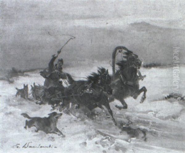 A Sleigh Ride In The Snow Oil Painting by Jan (Czeslaw) Wasilewski