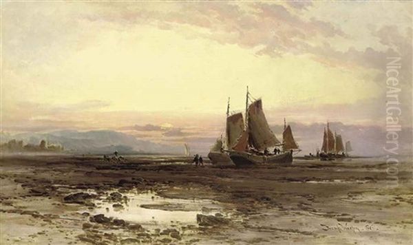 Fishing Smacks Hauled Up On The Beach At Low Tide Oil Painting by Frank Wasley