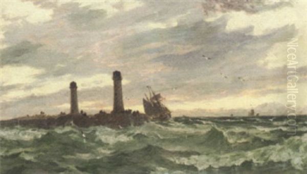 A Pair Of Lighthouses On A Headland With A Topsail Schooner Coming Around Oil Painting by Frank Wasley