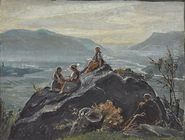 Blick Ins Etschtal Mit Kindern Auf Einem Hugel Oil Painting by Friedrich Wasmann