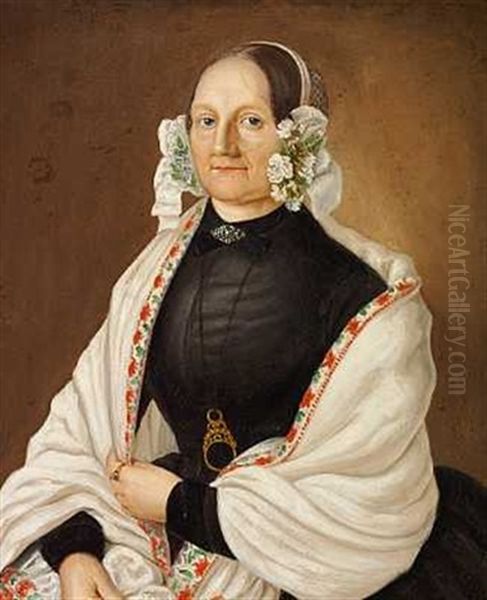 Portraet Af Mand Med Sort Jakke Og Hvid Vest (+ Portraet Af Dame I Sort Kjole, Hvidt Sjal Med Blomsterborter Samt Kysehat Med Blomster; Pair) Oil Painting by Friedrich Wasmann