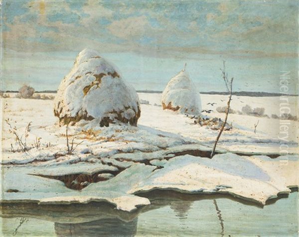 Grainstacks In Winter Oil Painting by Rafal Wasowicz