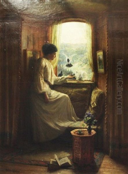 Interior With Lady Feeding Doves On A Window Sill Oil Painting by Arthur Wasse