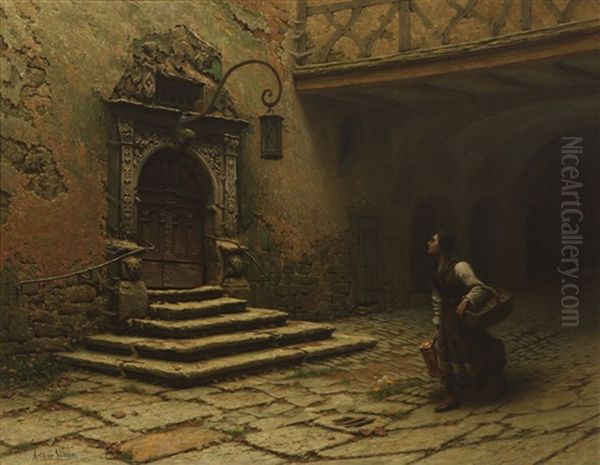 Woman With Jug And Basket Passing The Portal Rathaus, Rothenburg, Germany Oil Painting by Arthur Wasse