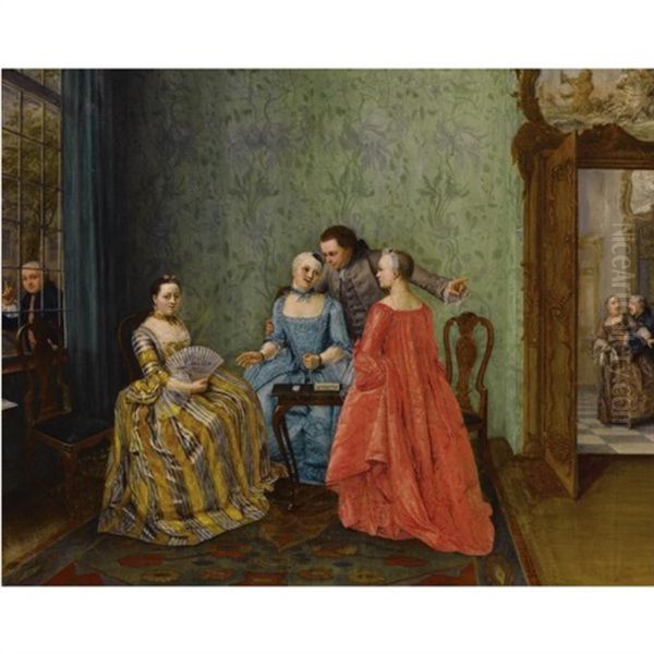 An Elegant Company In A Rich Interior, An Amorous Couple In The Background, A Man Looking Through The Window Oil Painting by Elisabeth Geertruida Wassenbergh