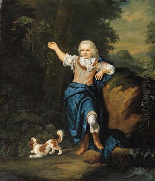 Portrait Of Albert Hendrik Van Swinderen Standing In A Landscape, Wearing A Costume, Pointing With His Right Arm Towards A Parrot Perched On A Branch Above Oil Painting by Jan Abel Wassenbergh