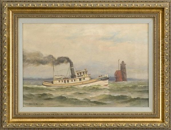 The Steam Tug Howell Passing Whaleback Light Oil Painting by George Savary Wasson