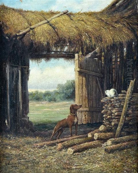 Cat And A Dog At The Entrance Oil Painting by Frantiszek Wastkowski