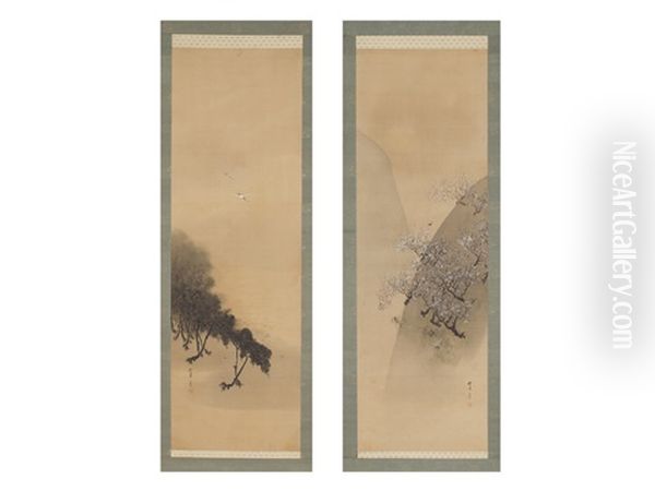 Landscape (a Pair Of Scrolls) Oil Painting by Shotei Watanabe