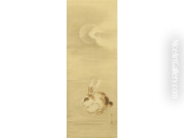 An Amber-eyed Fat Brown Piebald Hare Seated Beneath The Full Moon Partially Hidden By Wisps Of Clouds Oil Painting by Shotei Watanabe