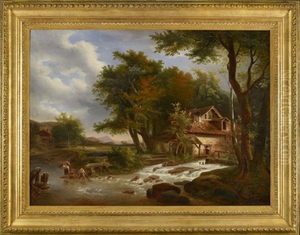 Moulin A Eau Dans Un Paysage Anime Oil Painting by Louis Etienne Watelet