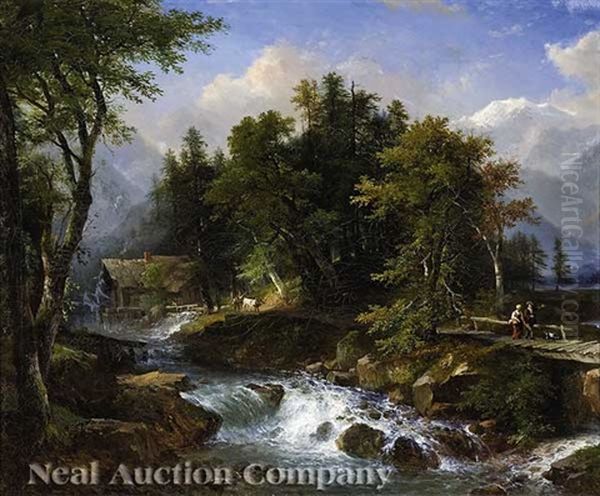 Figures On A Path Beside A Rushing Mountain Stream Oil Painting by Louis Etienne Watelet