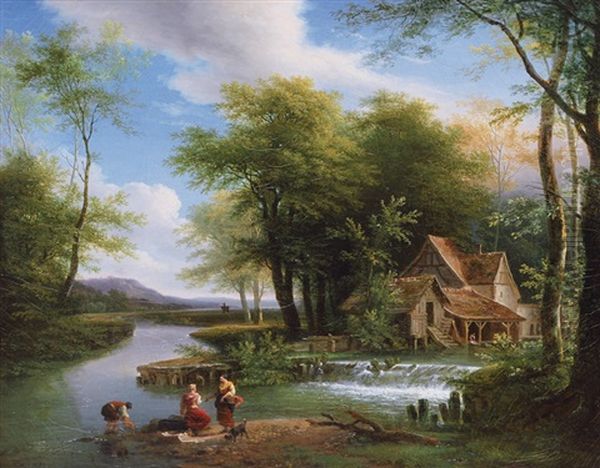 Laundresses By A River Oil Painting by Louis Etienne Watelet