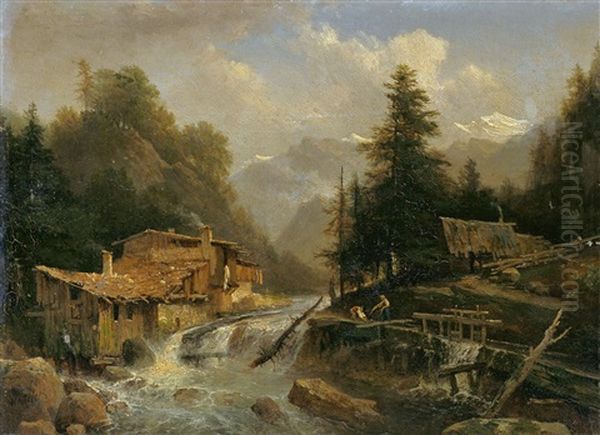 Gebirgslandschaft Mit Muhle Am Bach Oil Painting by Louis Etienne Watelet