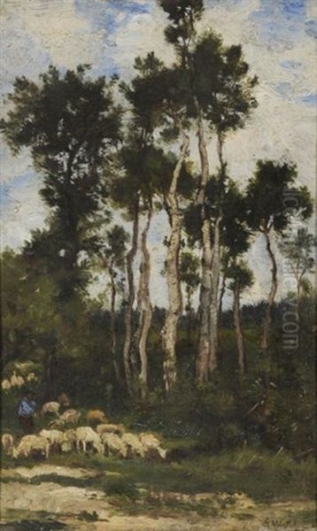 Moutons En Foret Oil Painting by Louis Francois Victor Watelin