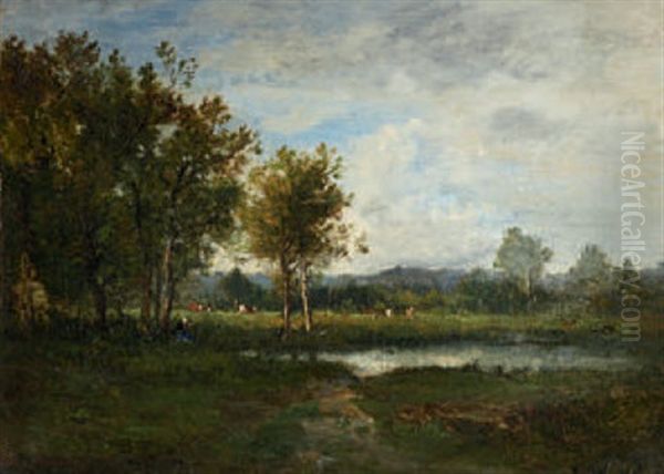 Tumpellandschaft Mit Weidenden Kuhen Oil Painting by Louis Francois Victor Watelin