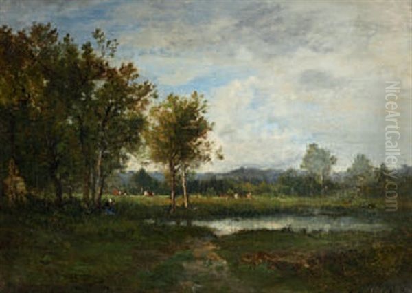 Tumpellandschaft Mit Weidenden Kuhen Oil Painting by Louis Francois Victor Watelin