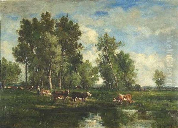 Sommerliche Auenlandschaft Mit Rinderherde Oil Painting by Louis Francois Victor Watelin