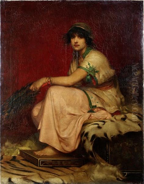 A Classical Lady, Seated On A Leopard Skin Rug Oil Painting by John William Waterhouse