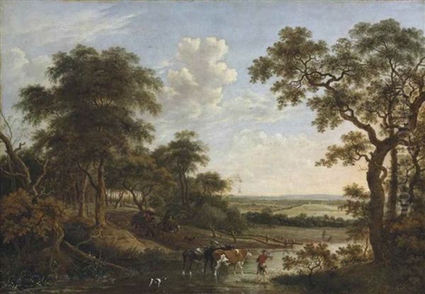 A Wooded Landscape With A Herdsman Watering Cattle And Travellers On A Track Beyond Oil Painting by Anthonie Waterloo