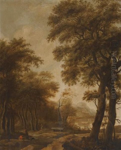 Figures In A Wooded River Landscape; Figures By Buildings In A Classical Landscape (pair) Oil Painting by Anthonie Waterloo