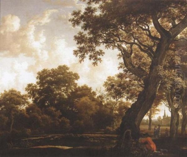 A Wooded Landscape With A Sportsman Shooting Duck On A Lake On The Edge Of A Wood, Three Other Figures Beyond; A Chateau In The Background Oil Painting by Anthonie Waterloo