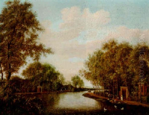 A Wooded River Landscape With Elegant Figures By A Gateway And A Man Unloading A Boat Oil Painting by Anthonie Waterloo