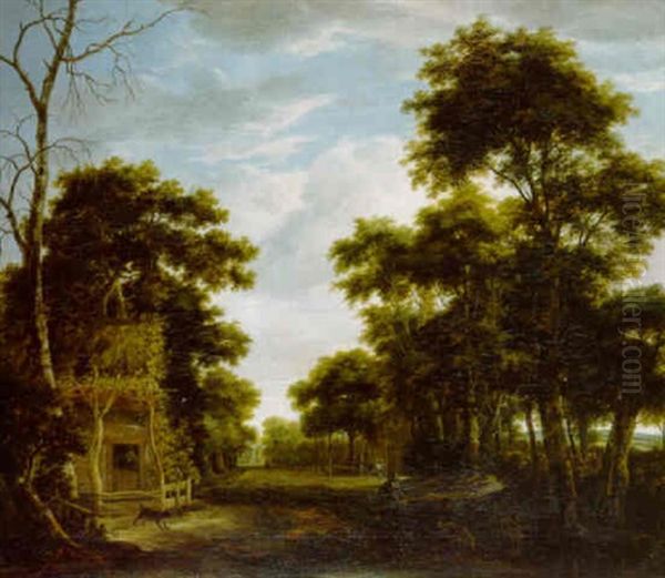 A Wooded Landscape With A Swineherd On A Track Oil Painting by Anthonie Waterloo