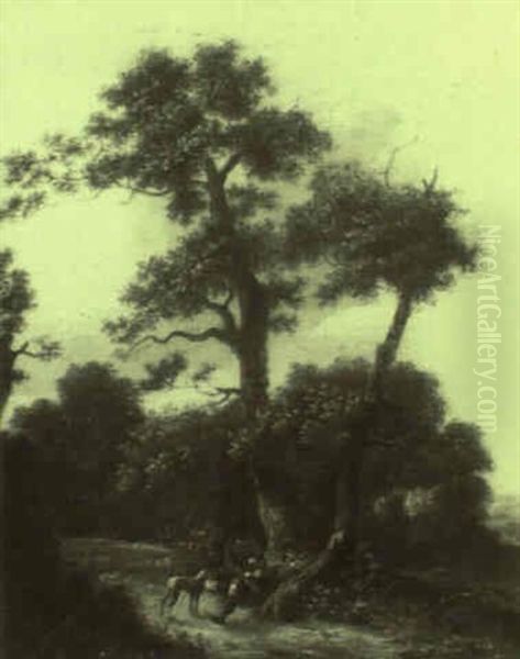 Hunter And His Dog At Rest Under A Tree Oil Painting by Anthonie Waterloo