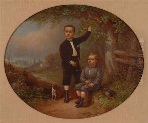 Young Boys In Orchard W/dog Oil Painting by George W. Waters