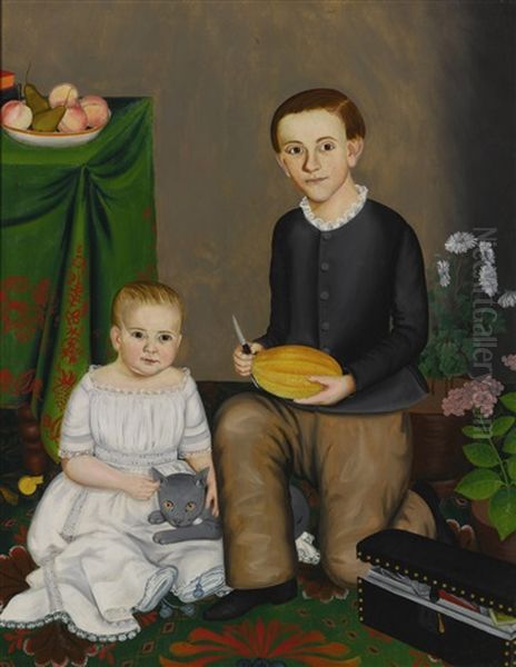 Two Children In An Interior Setting, One Child Holding A Grey Cat, The Other Holding A Piece Of Melon Oil Painting by Susan Catherine Waters