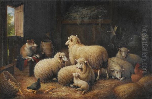 Sheep And Dog In A Barn Oil Painting by Susan Catherine Waters