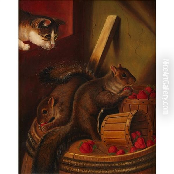 Two Squirrels Eating Strawberries Watched By A Cat Oil Painting by Susan Catherine Waters