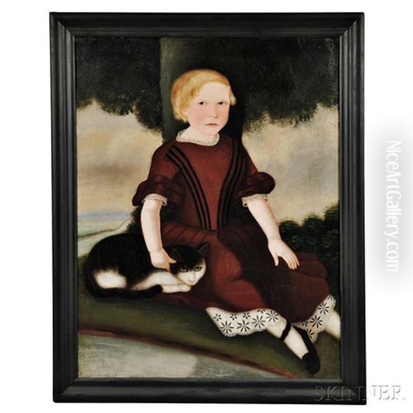 Portrait Of A Blond Child In A Dark Red Dress With A Cat Oil Painting by Susan Catherine Waters