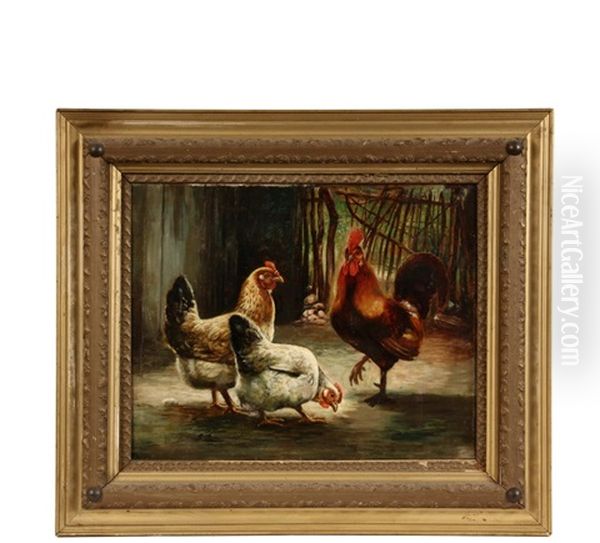 Rooster With Two Chickens In Yard Oil Painting by Susan Catherine Waters