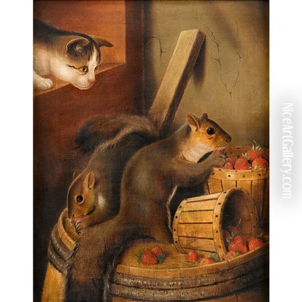 Squirrels Eating Strawberries Watched By A Cat Oil Painting by Susan Catherine Waters