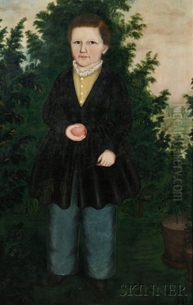 Portrait Of Theodore Collins Aged 4 Years, Holding A Peach And A Leafy Branch Oil Painting by Susan Catherine Waters