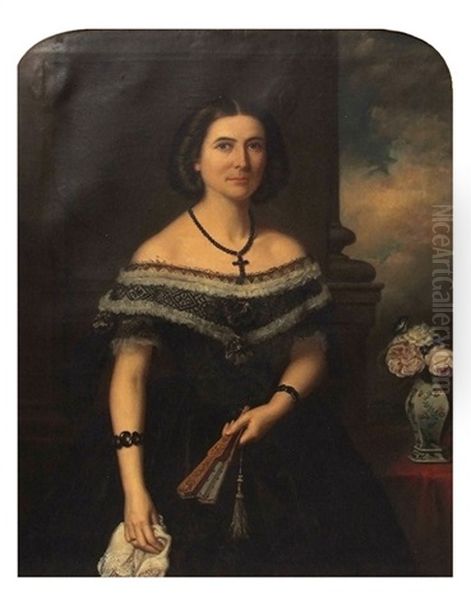 Portrait Of A Lady Wearing Black Dress With Lace Trim Holding A Fan Oil Painting by William Richard Waters