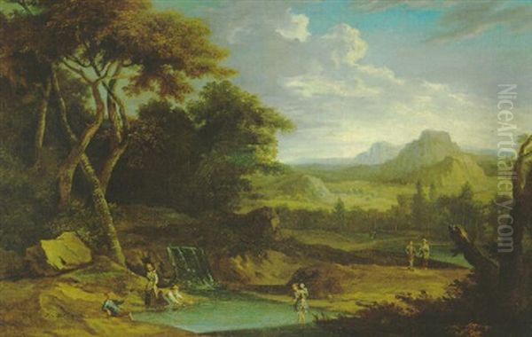 Sudliche Bewaldete Landschaft Mit Figuren Und Einem Wasserfall Oil Painting by Heinrich Van Waterschoot