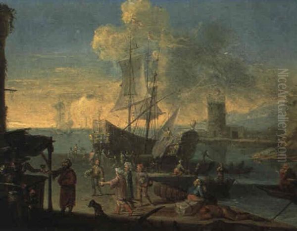 Seehafen Mit Ankernden Schiffen Oil Painting by Heinrich Van Waterschoot