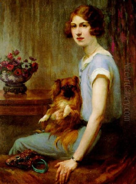 Portrait Of A Young Lady And Her Pekingese by Evelyn Mary Watherston