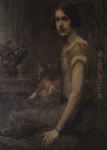 Portrait Of A Lady With Her Pet Dog by Evelyn Mary Watherston