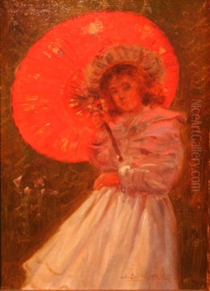 Girl With A Red Umbrella Oil Painting by John Samuel Watkins