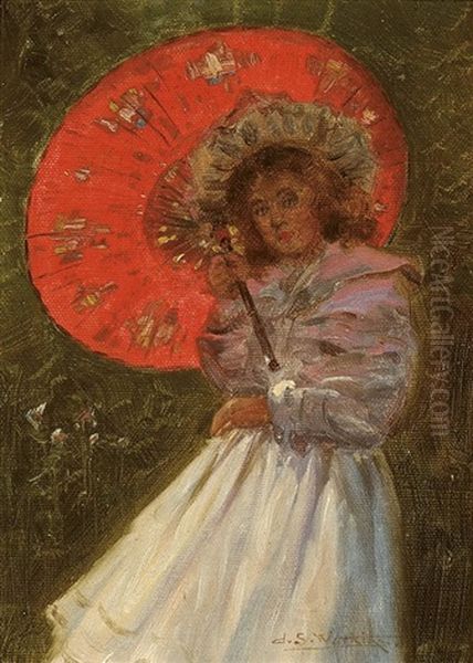 Girl With Red Umbrella Oil Painting by John Samuel Watkins