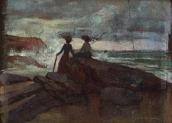 Two Ladies On A Rocky Shore Oil Painting by John Samuel Watkins